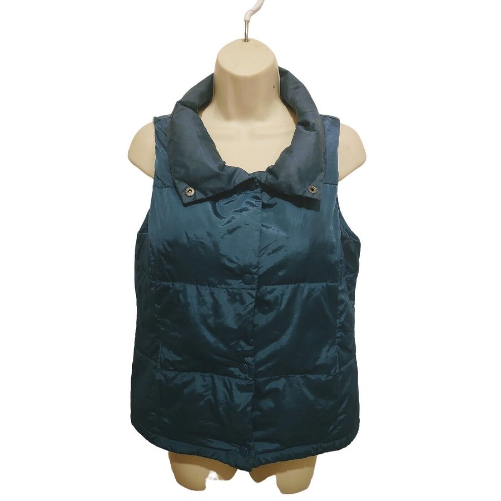 Old Navy Puffy Quilted Full Zip & Snap Button Vest Jacket Teal Green Small